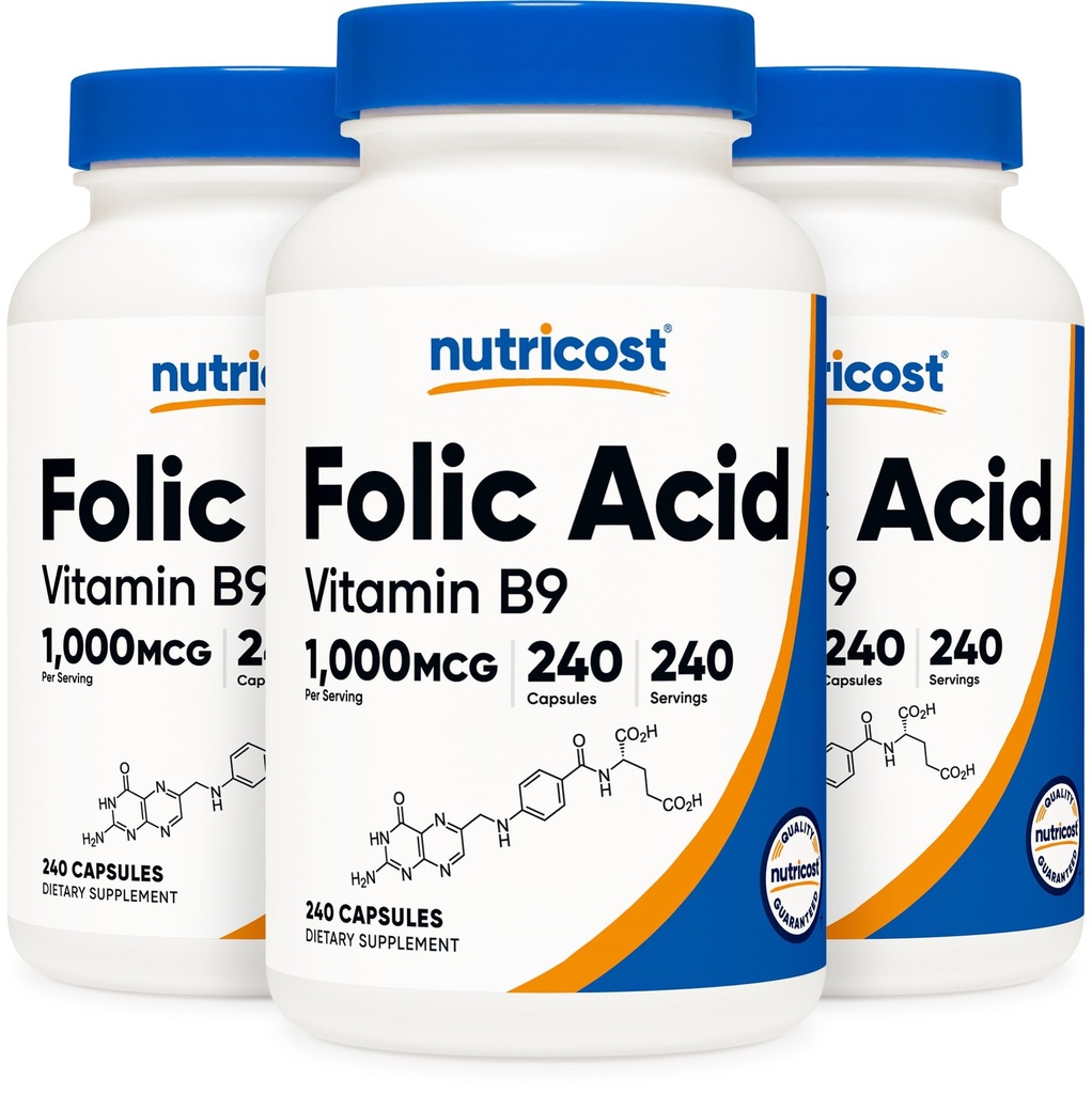 Ácido Fólico Nutricost (Vitamina B9) 1000 mcg, 240 cápsulas (3 frascos)