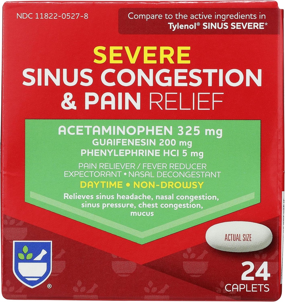 Rite Aid Diurno Congestão grave do Sino e alívio da dor - Acetaminofeno, 325 mg - 24 Caplets □ Multi-Symptom Non-Drowsy