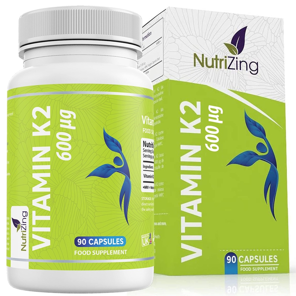 NutriZing K2 Suplemento Vitamina MK-7 - alta força 600mcg - Suporta osso & saúde arterial - 90 Cápsulas Vegan - Vitamina K2 para homens e mulheres - suprimentos de 3 meses
