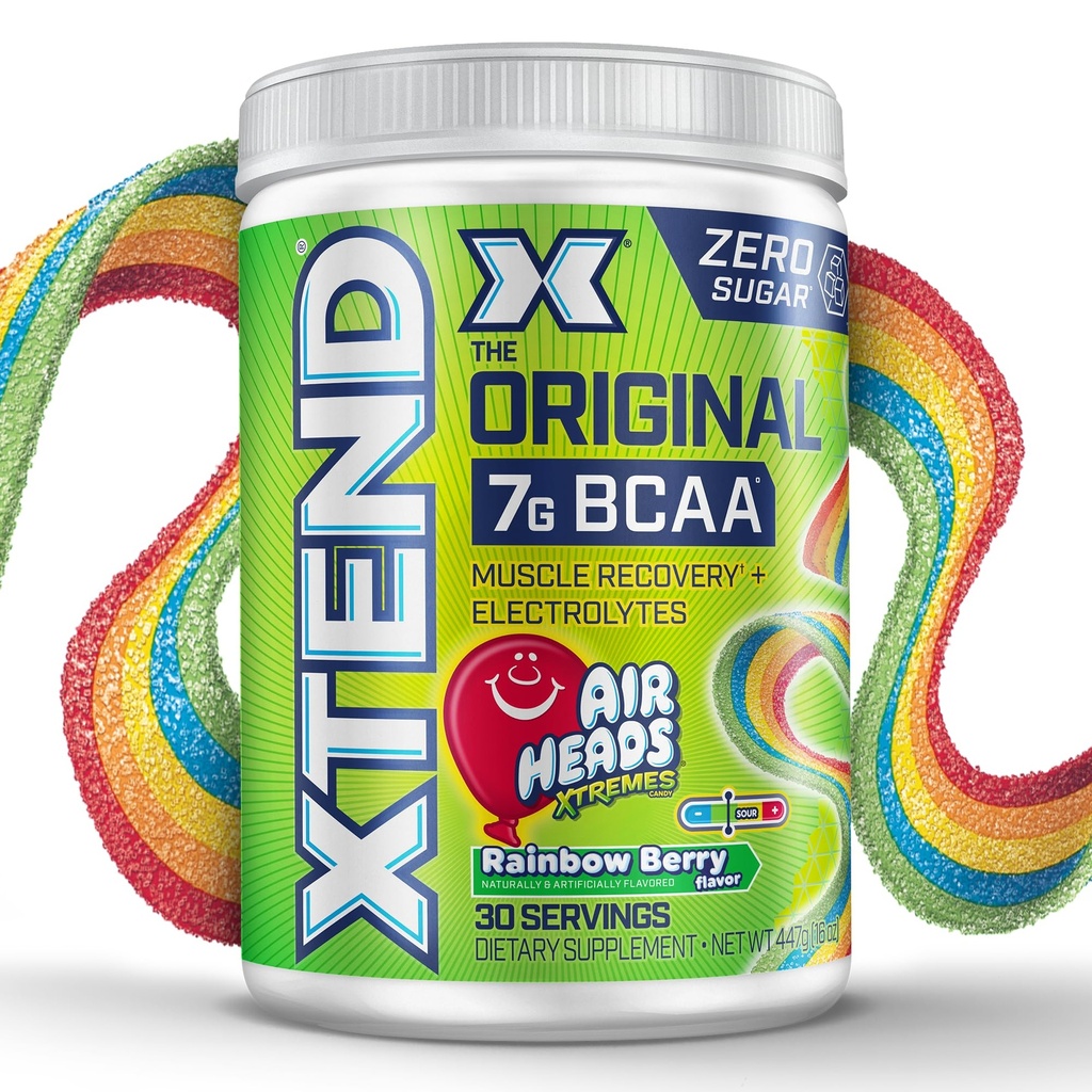 Xtend Original BCAA Pó Airheads Rainbow Berry Flavor, 7g BCAA e 2,5g L-Glutamina, Sugar Free pós exercício de recuperação muscular Beber com aminoácidos para homens e mulheres, 30 Servings