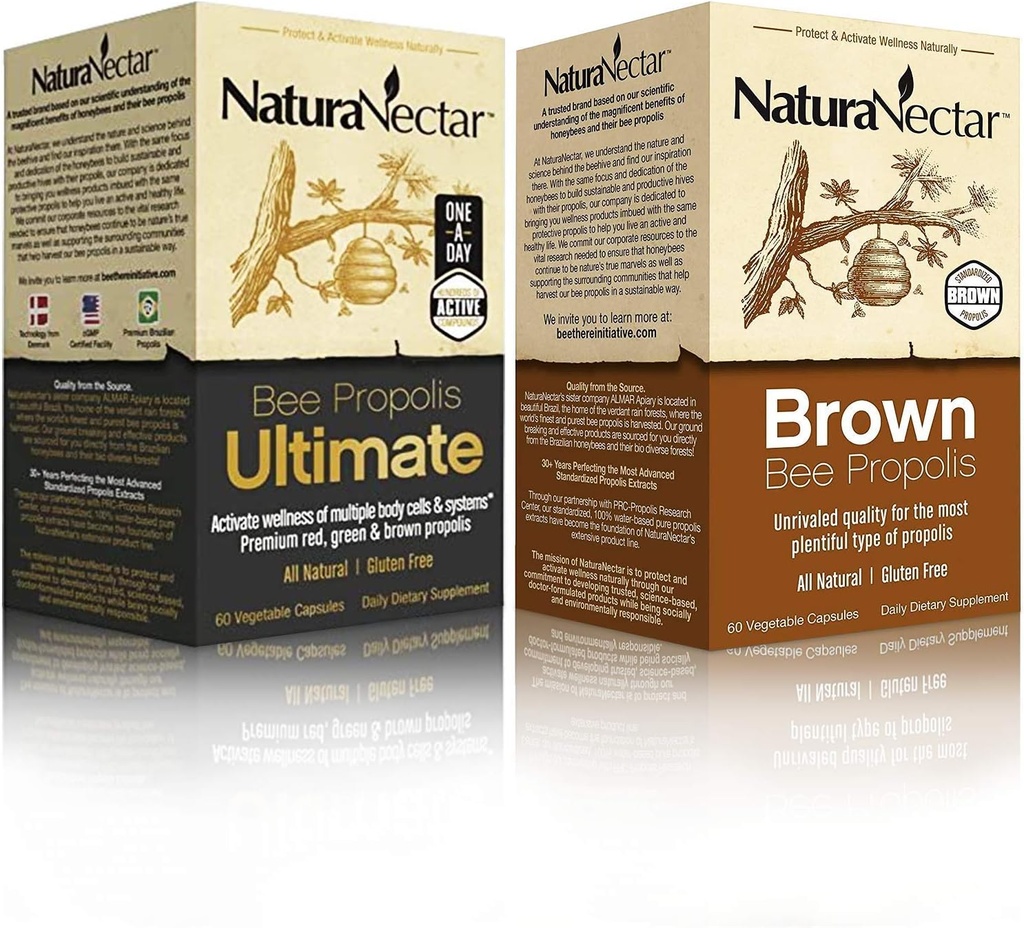 NaturaNectar Natural Bee Propolis Bundle – Bee Propolis Ultimate e Brown Bee Propolis - para suporte de sistemas imunológicos, cardiovasculares e respiratórios - 60 cápsulas por garrafa