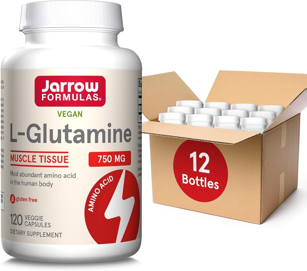 Jarrow Fórmulas L-Glutamina 750 mg, Suplemento dietético, Imune e Apoio Músculo, 120 Cápsulas Veggie, até 120 dias de fornecimento (Pacote de 12)