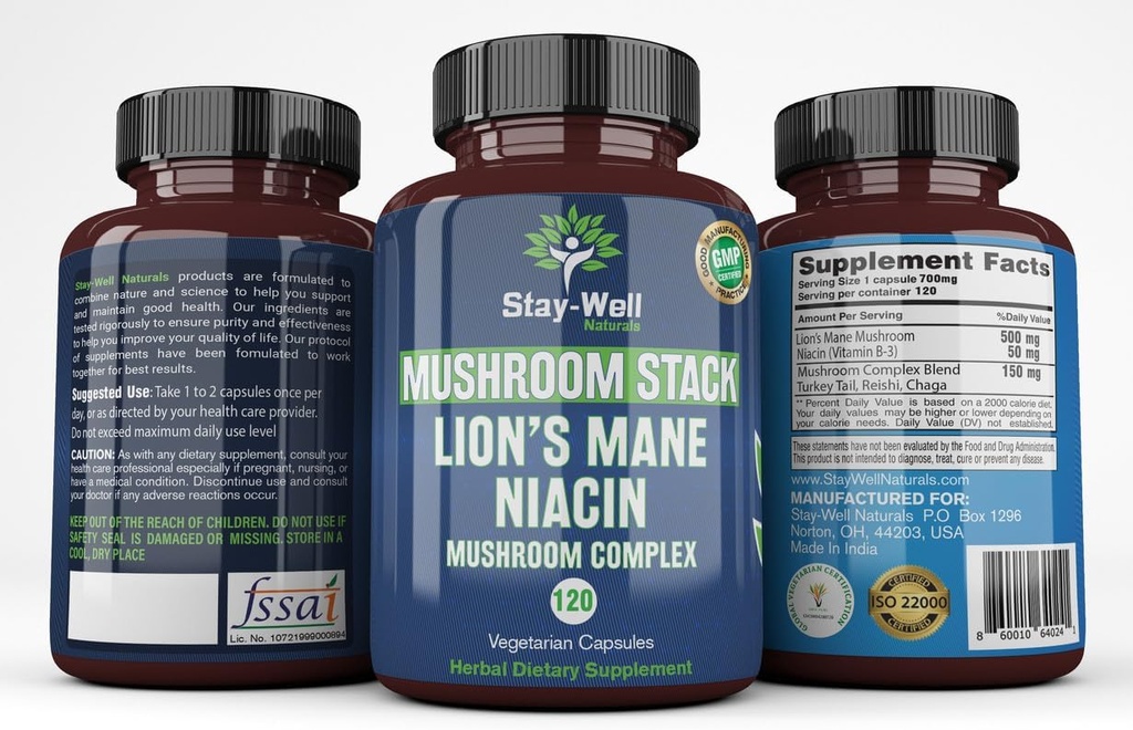 Cápsulas Suplementares de Cogumelo de Leão com Cápsulas Complexas de Cogumelo de Niacin, com Cogumelo de Cara de Turquia, Cogumelo Chaga e Extrato de Cogumelo Reishi, Cápsulas Suplementares de Cogumelo