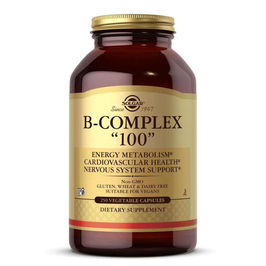 Solgar B-Complexo "100", 250 Cápsulas Vegetais - Suporte do Sistema Nervoso - Suporta Metabolismo de Energia - Não-GMO, Vegan, Glúten Livre, Leite Livre, Kosher - 250 Servings