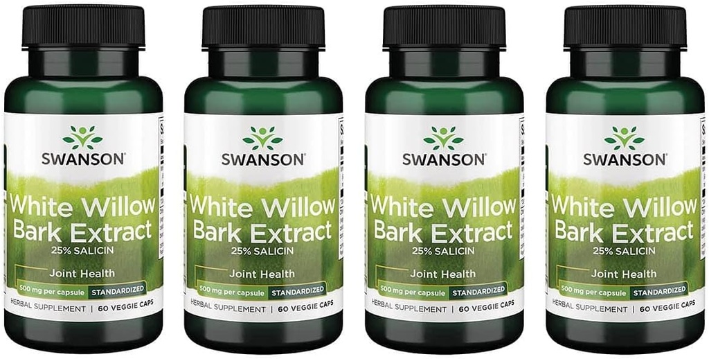 Swanson força máxima Willow branco bark Extrato-promove apoio conjunto e alívio muscular-estandardizado a 25% Salicina-Natural Suplemento sem irritação estomacal (60 Veggie Caps, 500mg cada) 4 Pack