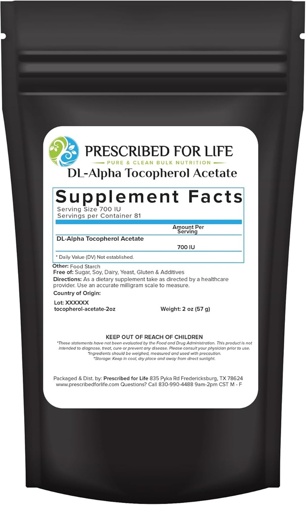 Prescrito para a vida Acetato de tocoferol em pó, Água Solúvel Alpha Vitamina E, 700 UI gm Pó, Vegan, Sem glúten, Não OGM (2 onças / 56g)