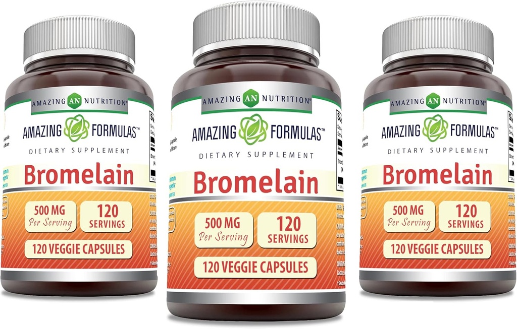 Fórmulas surpreendentes Suplemento de bromelaína 500 Mg, 2400 GDU, 120 Cápsulas Veggie, Não-GMO, Gluten Free, Made in USA (3 Pack)