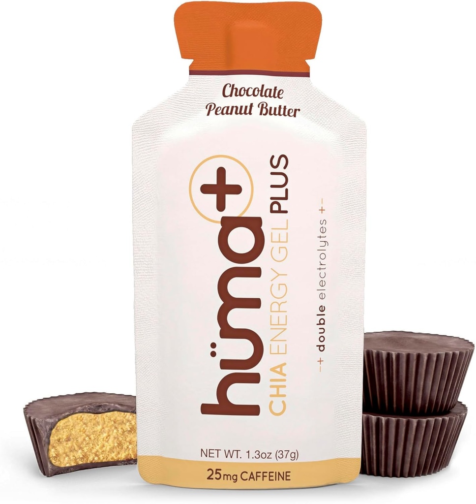 Huma Plus (Eletrólitos duplos) - Chia Energy Gel, Chocolate Manteiga de amendoim, 24 Gels - Estômago amigável, Geles de energia de alimentos reais