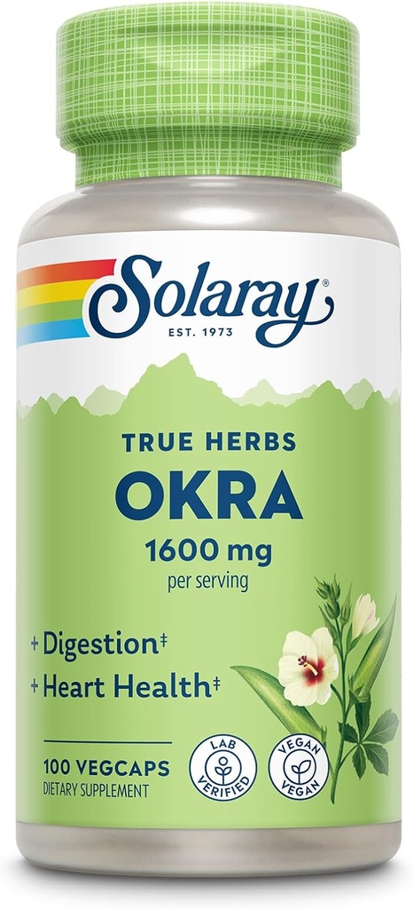 SOLARAY Ocra Fruit 1600 mg - Suplemento de alta fibra para suporte de bem-estar - Fonte rica de fibra solúvel - Equivalente de 6,4 g de quiabo fresco por serviço, Vegan, 60-Day Garantia - 25 Servings, 100 VegCaps