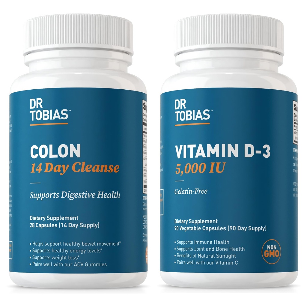 Dr. Tobias Colon 14 dias de limpeza e vitamina D3 5000 UI Suporte Saúde geral, sistema imunológico e sistema digestivo. Não-GMO Gut Cleanse e Vitamina para homens e mulheres.
