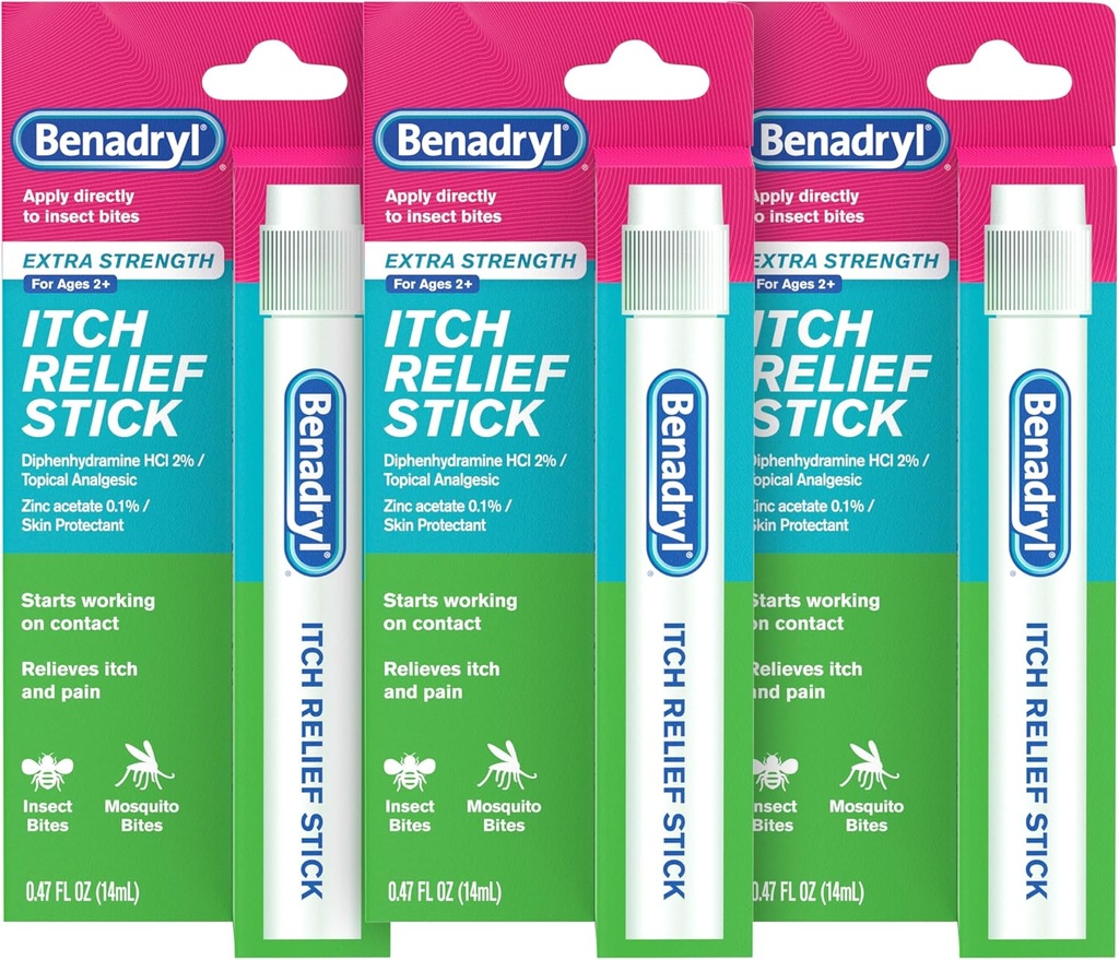 Benadryl Força extra Anti-Itch Relief Stick, Bug Bite Itch Relief, Difenidramina HCl Analgésico tópico & Zinc Acetato Proteção da pele, Ótimo para Camping Essenciais, 0,47 fl oz (Pacote de 3)