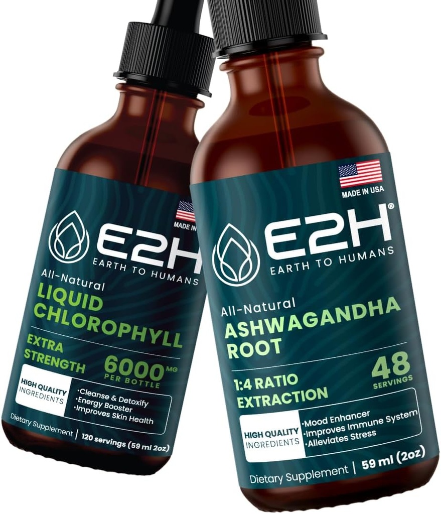 E2H: Clorofila Líquida e Ashwagandha Drops Líquidos □ Vegan, Não-GMO - 2 Fl Oz Cada (4 Fl Oz Total) - Pacote