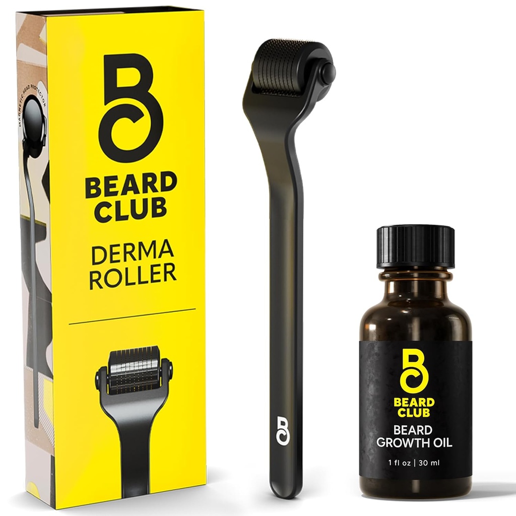 The Beard Club Derma Roller & Beard Growth Oil - Microneedling Roller com 540 Microneedles de titânio para face, corpo e escalpe - Beard Roller com Sandalwood & Cedar Beard Oil