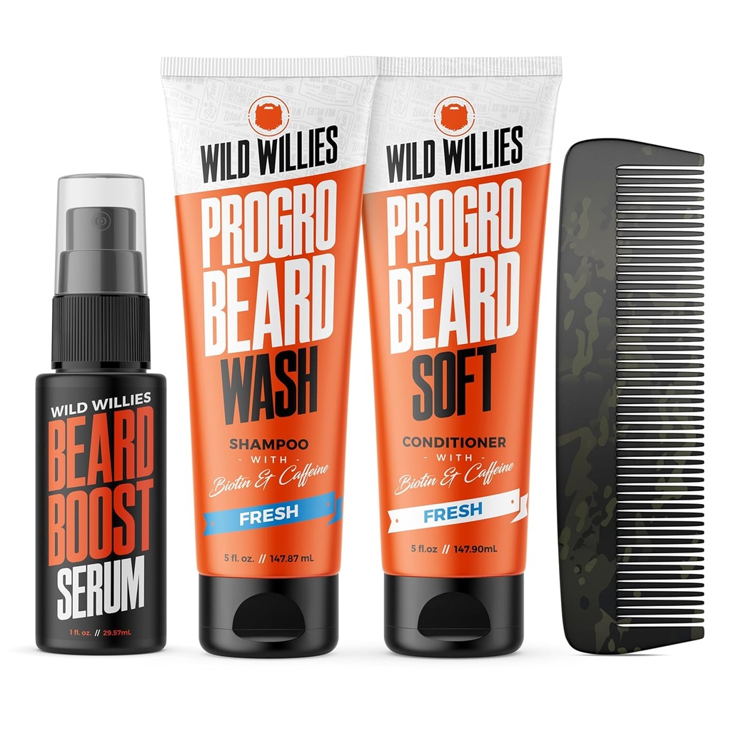 Wild Willies Beard Care Kit, Biotin Shampoo Fortificado e Condicionador com Cafeína, Duas Garrafas de 4-Oz, Promove o crescimento saudável da Barba