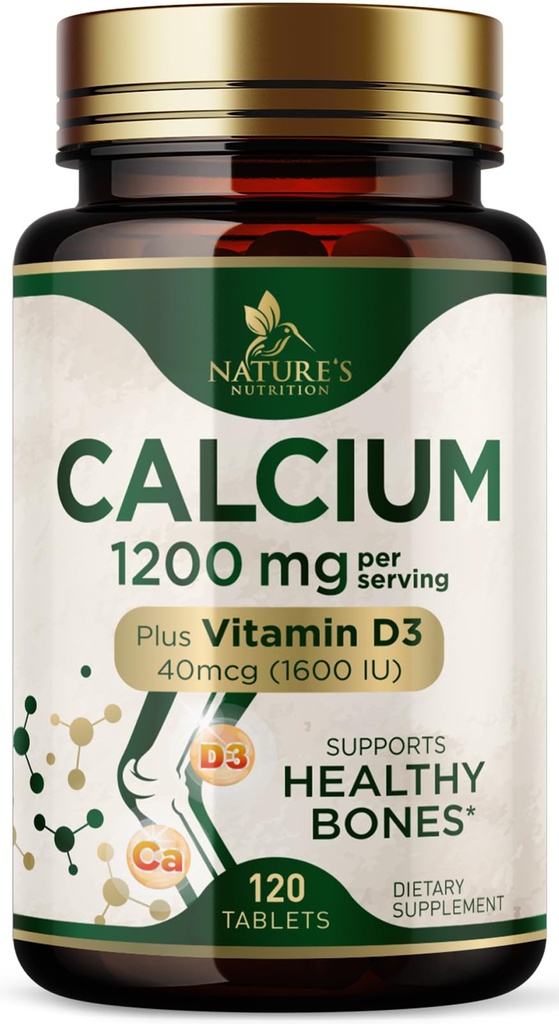 Cálcio 1200 mg com Vitamina D3 - Suplemento de Saúde Óssea, Suplementos de Vitamina D & Cálcio para Mulheres e Homens - Força Óssea, Dentes e Suporte Imune, Comprimidos de Cálcio da Natureza, Engarrafados nos EUA - 120 Comprimidos