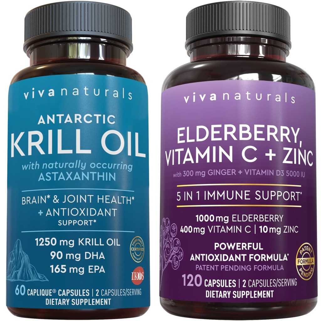 Viva Naturals Antárctico Krill Oil e Elderberry, Vitamina C, Zinco e Vitamina D3 5000 UI Bundle, 1250 mg de Krill Oil Fornecendo Omega 3 EPA e DHA para a Saúde Conjunta, Elderberry para suporte Imune