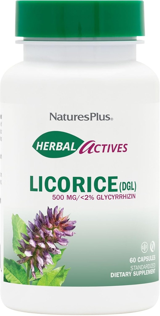 NaturesPlus Herbal Actives Alcaçuz (DGL) 500 mg - 60 Cápsulas, Pacote de 4 - Suporta Digestão Saudável e Bem-Estar Geral - Vegetariano, Glúten Livre - 240 Total Servings