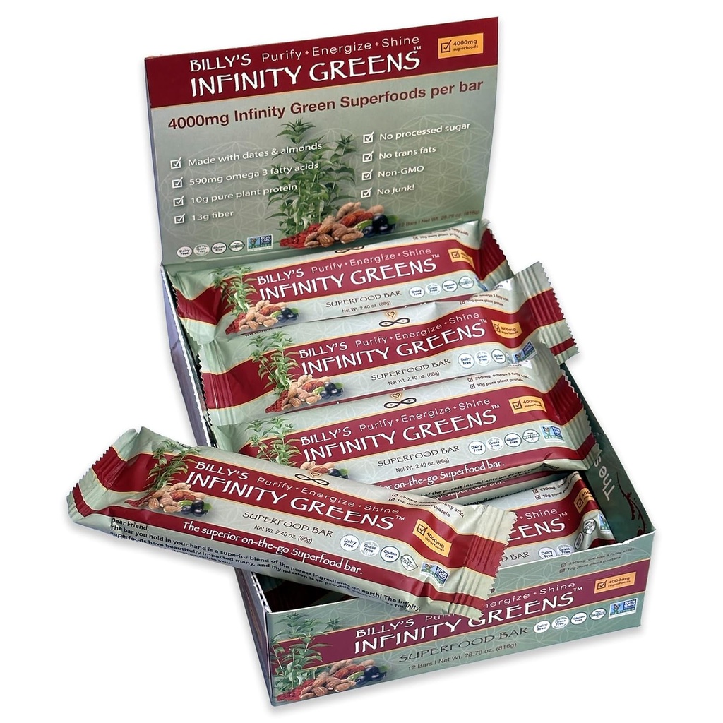 Infinity Greens Superfood Bares, Barra de substituição de refeições baseada em plantas com 4000mg Infinity Greens Superfood em pó, orgânico, cru, sem glúten, não OGM (12 bars)