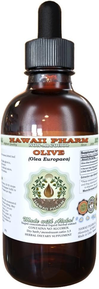 Extrato Líquido sem Álcool, Oliva Orgânica (Olea europaea) Glicerite de Folha Seca Suplemento Natural de Ervas, Hawaii Pharm, USA 2 fl.oz