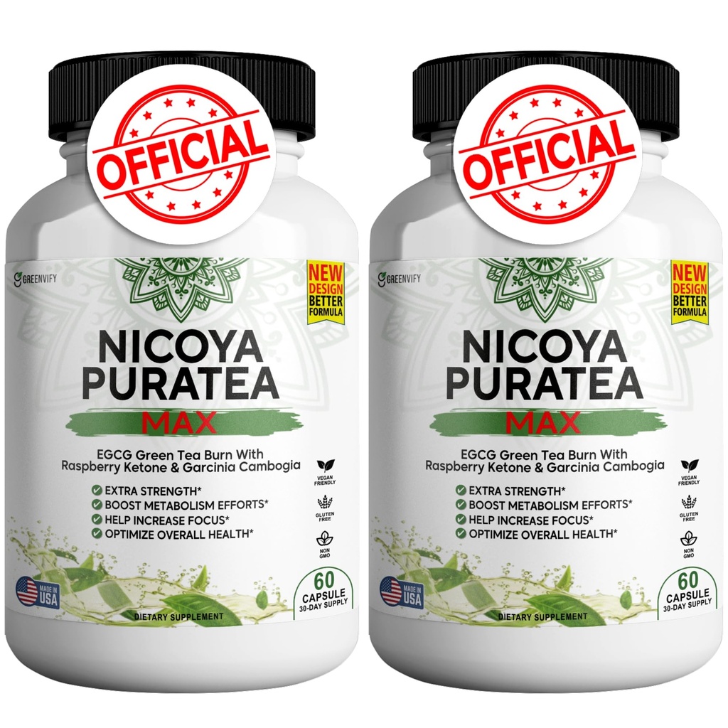 Nicoya PuraTea Max Green Tea Extract & Green Coffee Bean para apoio ao metabolismo, aumento de energia natural, suplemento antioxidante-riquenho – 120 cápsulas