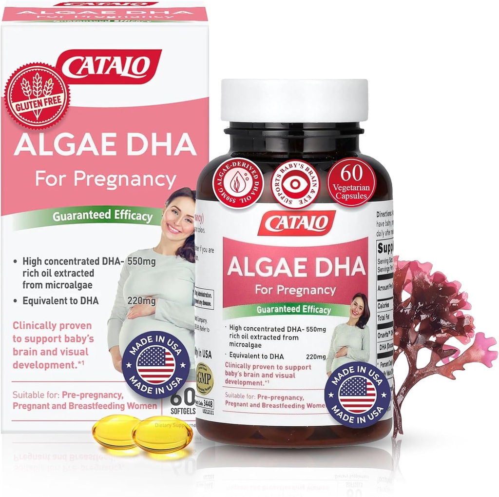 CATALO Omega 3 Algae DHA para Mulheres - 550mg DHA-Rich Oil de Microalgas, Ideal para Pré-Natal, Gravidez & Amamentação, Vegetariano Softgels, Gluten-Free - 60 Softgels