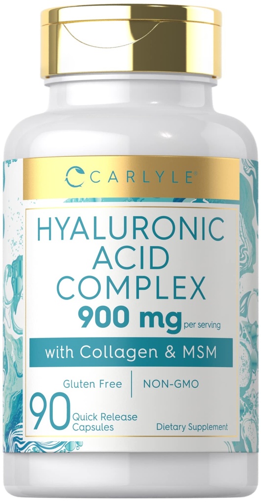 Carlyle Hyaluronic Acid Complex 900 mg com Colágeno e HSH       , 90 Cápsulas , Não-GMO, Suplemento sem glúten