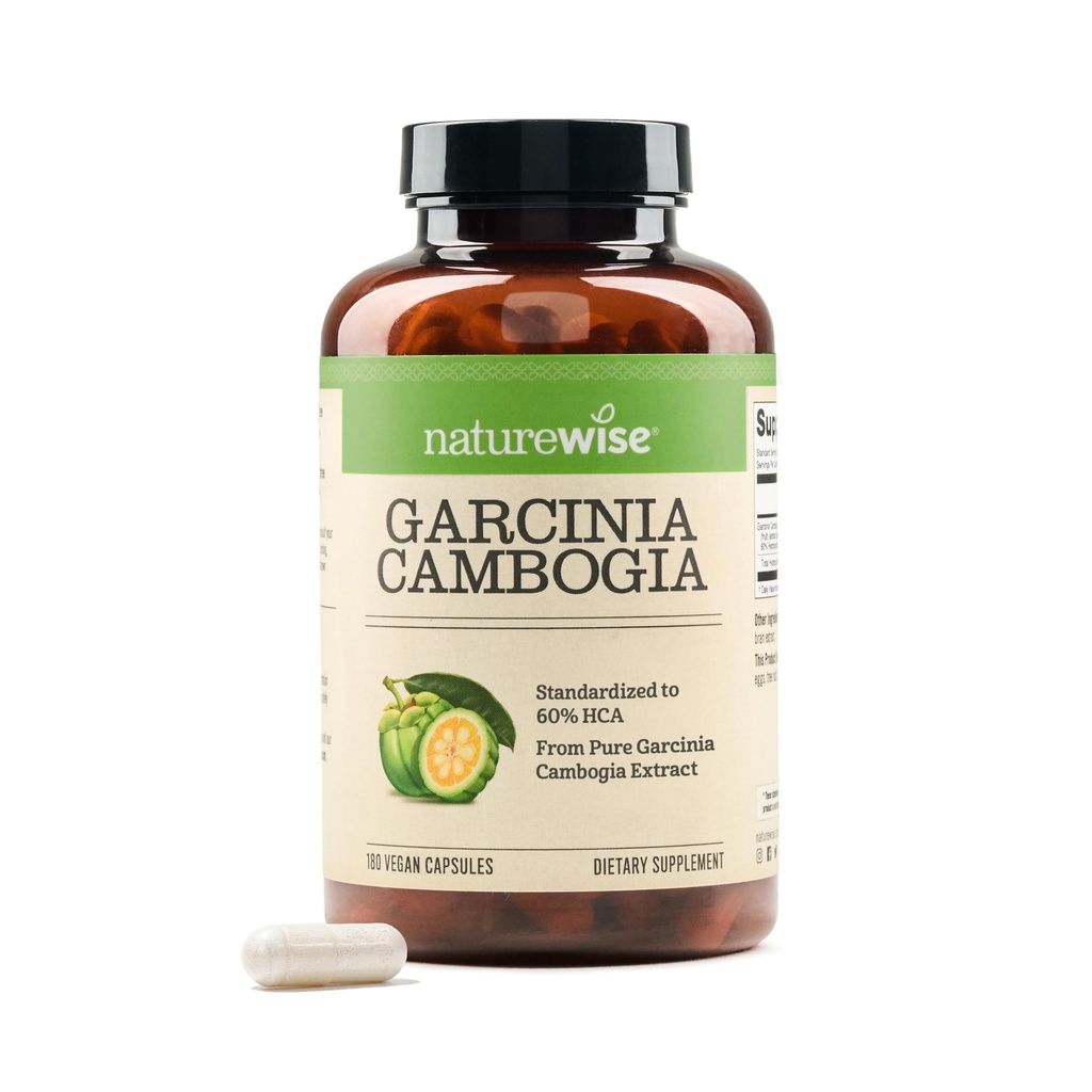 Naturewise Garcinia Cambogia - 60% HCA Concentration Extract, Suporte Natural para Objetivos de Peso e Níveis de Energia - Vegan, Não-GMO, Glúten Grátis - 180 Cápsulas[2-6 Mês de Abastecimento]