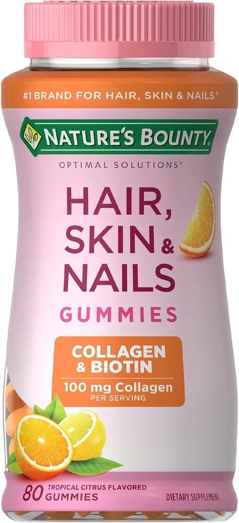 Pele e unhas com biotina e colagénio, Suporta a saúde do cabelo e unhas, 2500 mcg, Citrus flavored Gummies, 140 Ct