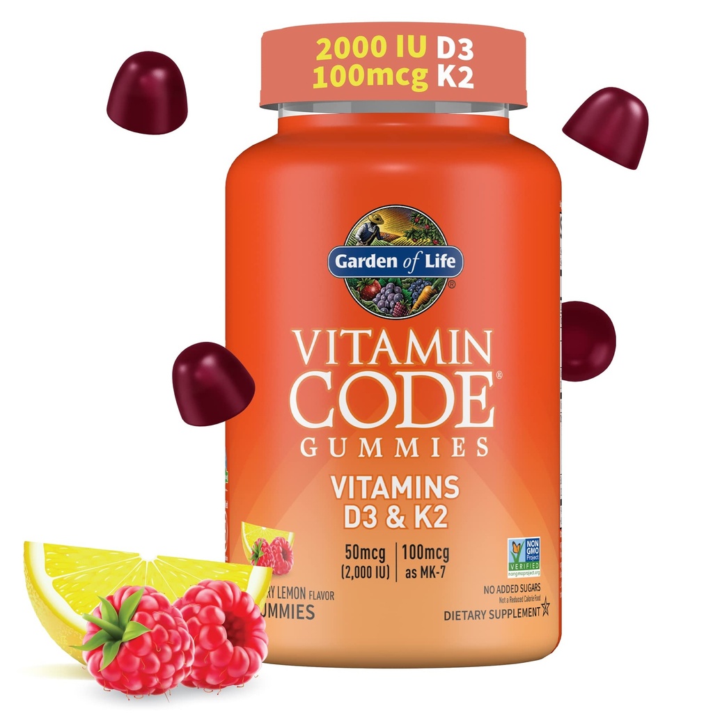 Jardim da Vida Código Vitamina D3 & K2 Gummies com Prebióticos e Probióticos - Saúde Óssea, Saúde Imune, e Suporte Digestivo, Não-GMO, Sem glúten, Framboesa sabor limão, 45 Gummies