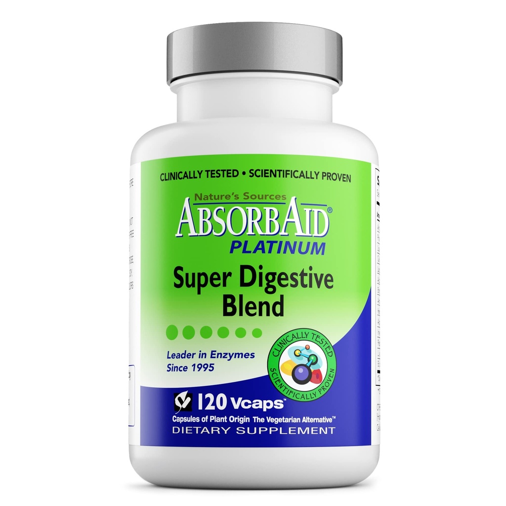 AbsorbAid Platinum Digestive Enzyme Support 120 vCaps, 12 enzimas digestivas mais 2 probióticos para alívio máximo