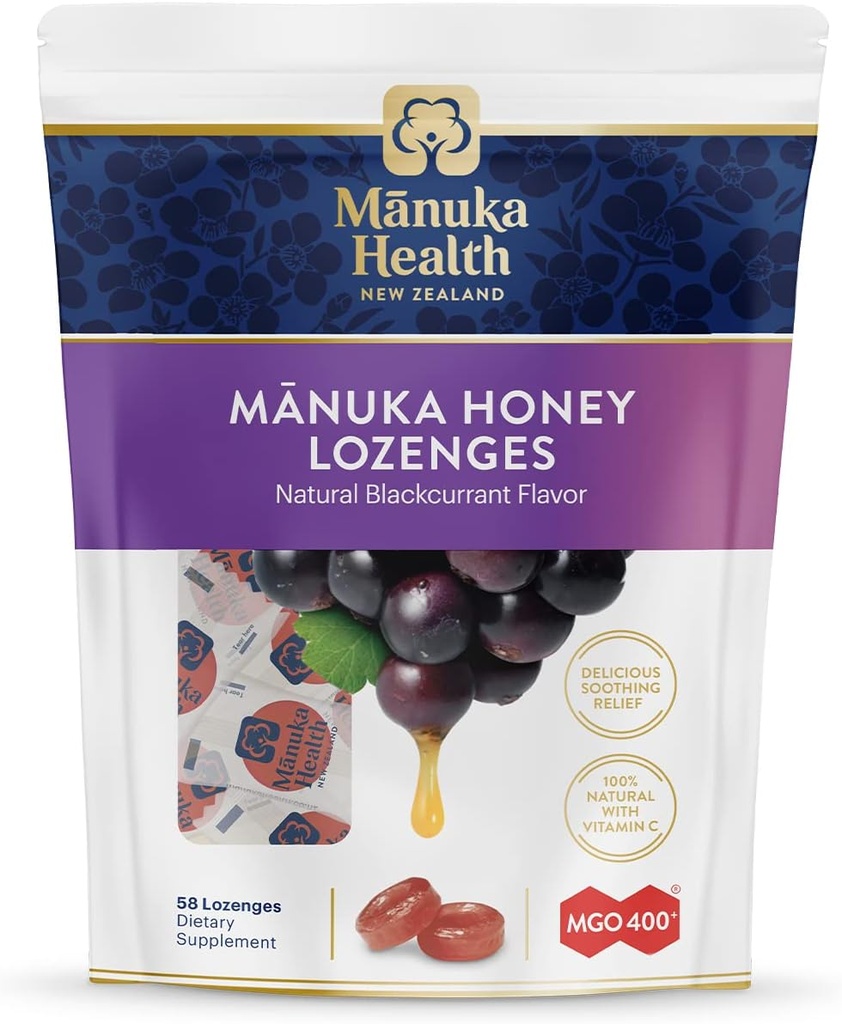 Manuka Health Manuka Honey Throat Lozenges - Lozenges com sabor de groselha preta, 58-Count - Gotas de tosse infundidas com mel de Manuka cru e vitamina C para suporte imunológico