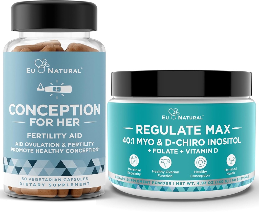Concepção para Suas Cápsulas + Regular MAX Myo-Inositol D-Chiro Inositol Pó - Fertilidade Suporte, Equilíbrio Hormônio, Regular Ciclos - 60 Cápsulas Macios Vegetarianos + 60 Servings Pó