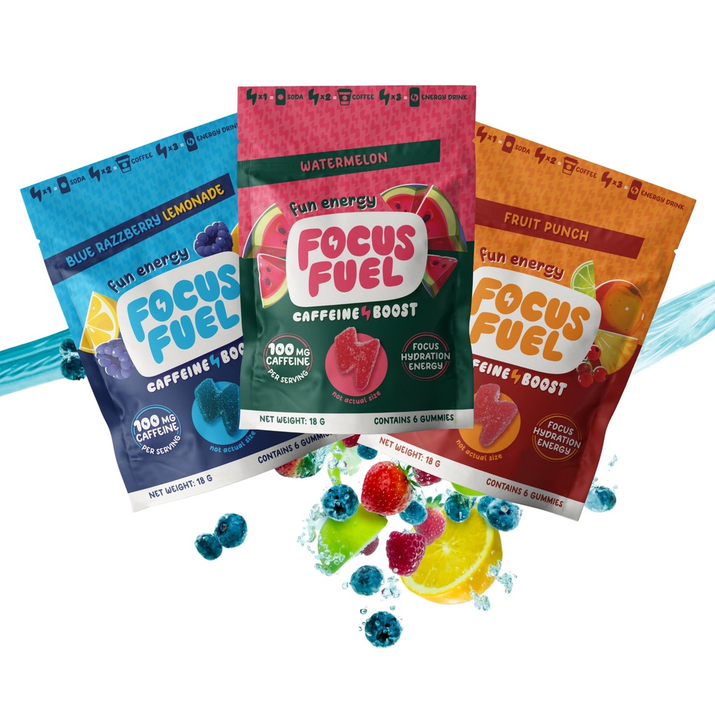 FocusFuel Energy Chews – Tamanho de teste Variety Sample Pack (9 Servings) – 100mg Cafeína + Alpha GPC + L-Theanina + B12, Magnésio – Blue Razzberry Limonada, Melancia, Fruit Punch – Sem Acidente ou Jitters