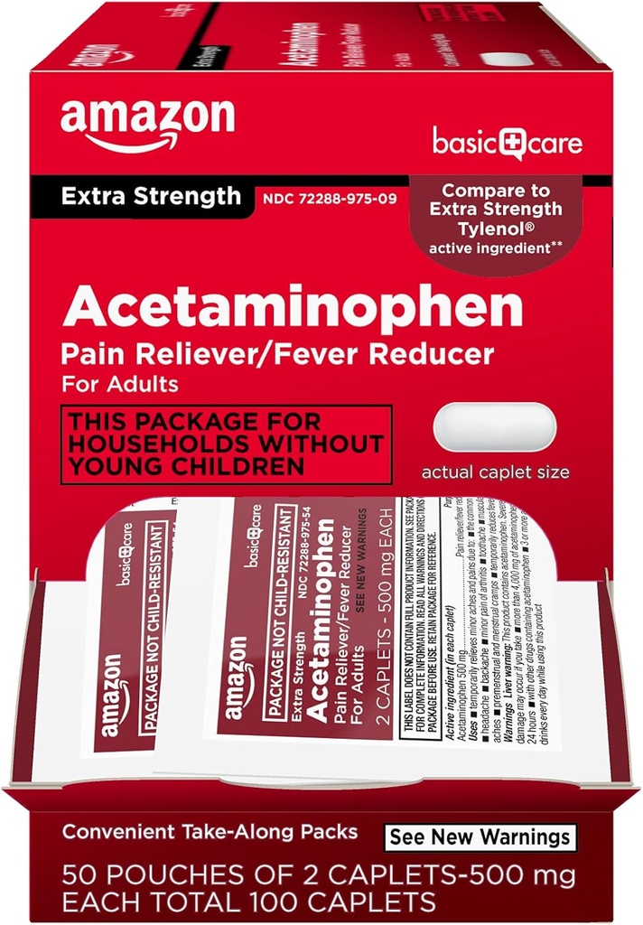 Cuidados Básicos - Acetaminofeno de dosagem extra Caplet 500 mg, 100 Count ( 50 bolsas de 2 caplets )