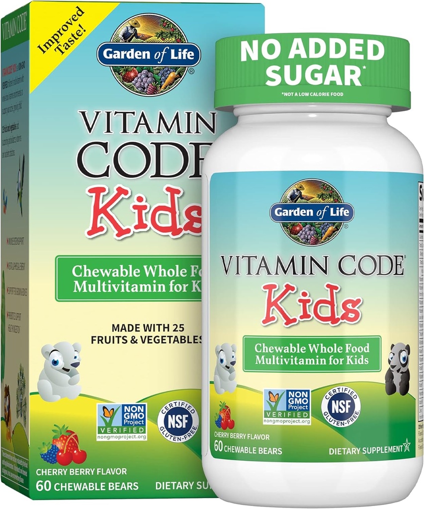 Jardim da vida Vegetariana Suplemento Multivitamínico para Crianças - Código Vitamina Crianças Mastigável Vitamina Raw Whole Food com Probióticos, 60 Ursos Mastigáveis