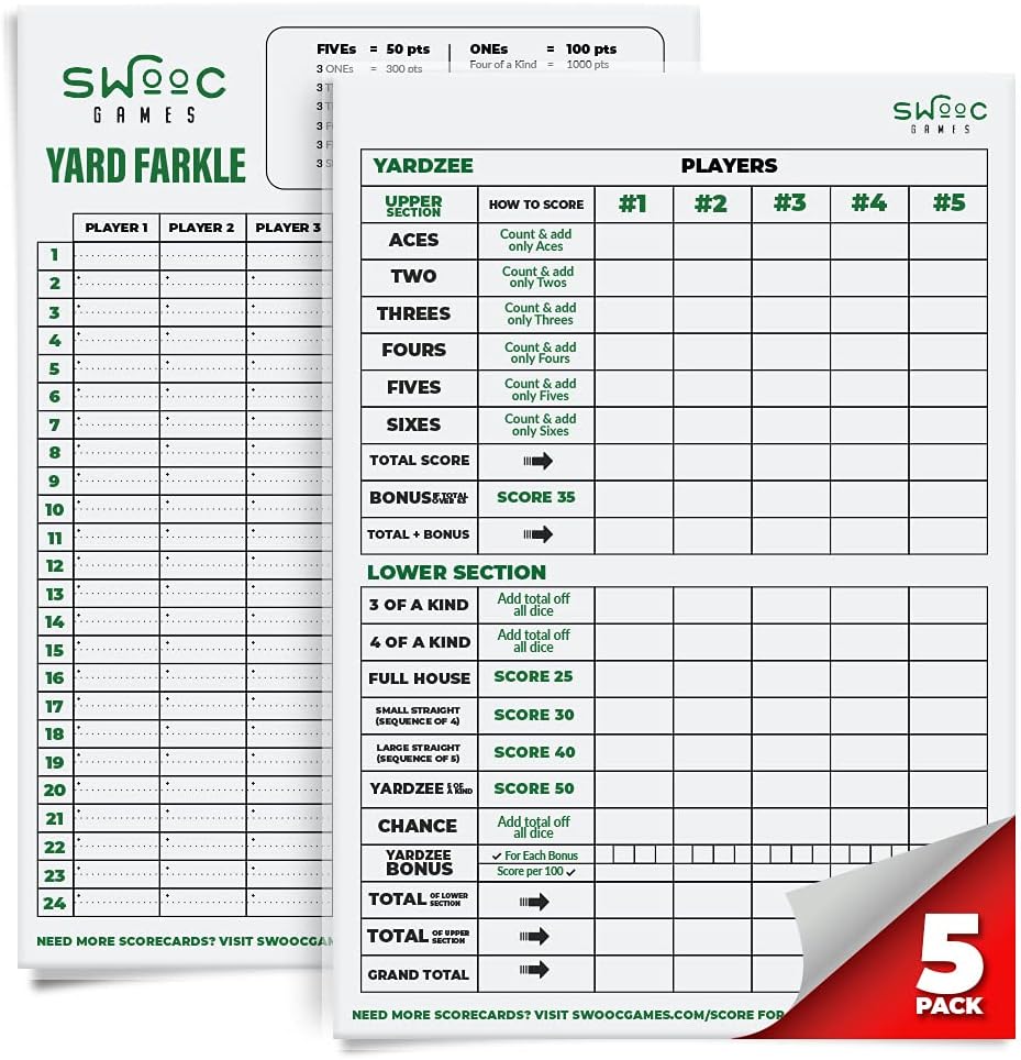 SWOOC Games® - 5 Big Premium Laminated Yardzee & Farkle Score Cards (11,5 em x 8 em) com Regras - Grandes Almofadas de Apagar a Seco reutilizáveis para Dados Gigantes ao Ar Livre