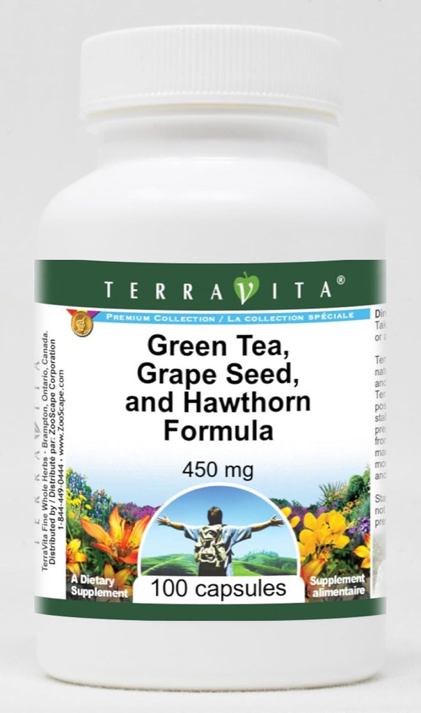 Suporte de alta pressão sanguínea - Chá verde, semente de uva e Hawthorn - 450 mg (100 cápsulas, ZIN: 517080) - 3 embalagem