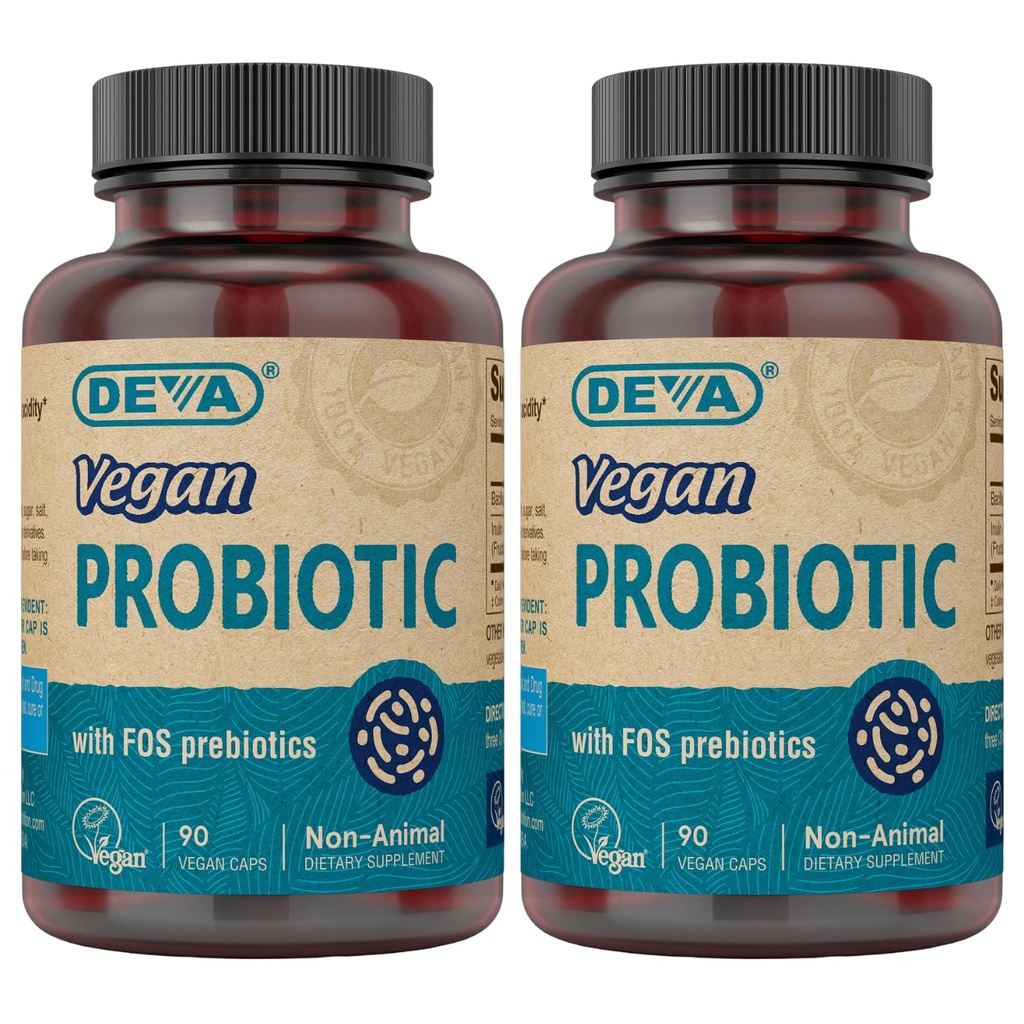 Deva Vegan Probiótico com FOS Prebióticos Suplemento - 2 bilhões de UFC com 100 MG de Prebióticos por Serviço para homens e mulheres - Não-gorduras grátis - Naturalmente prateleira estável - 90 Cápsulas (Pacote de 2)