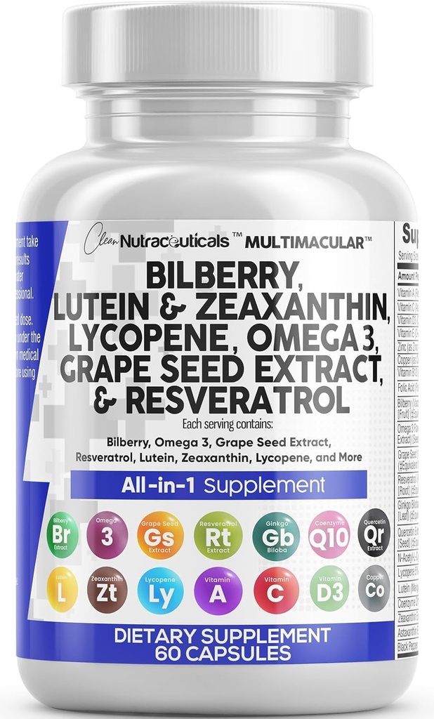 Vitaminas de olho Nutra limpa com Bilberry Lutein e Zeaxanthin Suplementos Lycopene 40mg Resveratrol Sementes de uva Astaxantina para olhos - Cuidados com os olhos Apoio à saúde Olho Vitamina e Suplemento Mineral