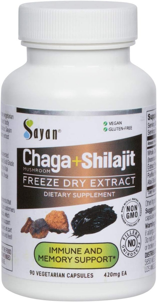 Sayan Siberian Chaga Mushroom Extract with Shilajit 90 Capsules/420mg ea.– Imune and Digestion System Support – Fulvic Acid Supplement – Energy & Clarity – Exclusive Blend – No Fillers