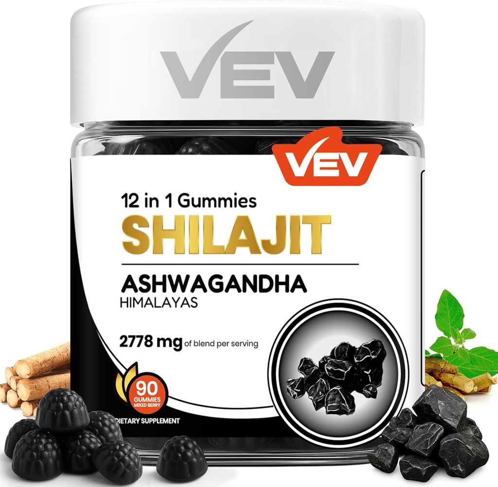 VEV Shilajit Gummies para homens e mulheres 1000mg Shilajit & Ashwagandha Gummies com Sea Moss & L-Teanina para energia, Vitalidade & Stress Equilíbrio