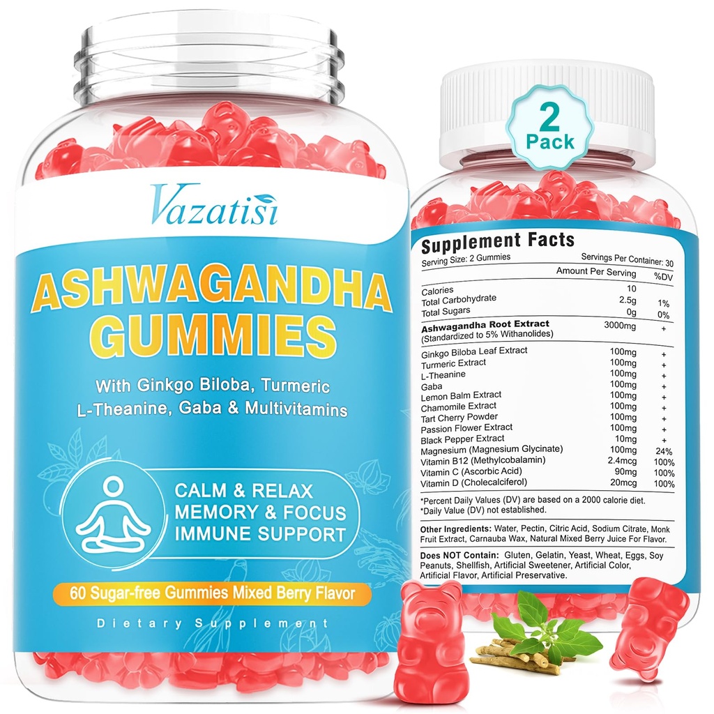 2 Pacotes de pastilhas Ashwagandha com energia de humor GABA Cúrmica e suporte imunológico, sabor de Berry misto 120 Cts