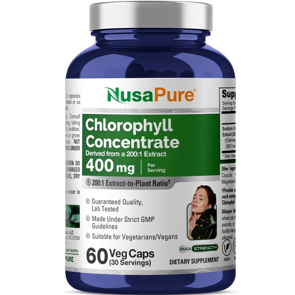 NusaPure Chlorophyll 200:1 Extract, 400 mg Equivalente a 80,000mg 60 Veggie Caps (Equivalente 80000mg por serviço, Não-GMO, Vegan) Clorofilina de cobre de sódio