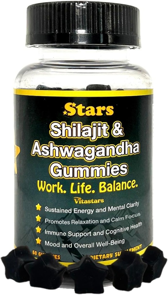 Shilajit Ashwagandha Gummies - Suplemento de suporte imunológico com resina pura de Shilajit - Gummy de Ashwagandha orgânico para estresse, energia e bem-estar, 60 chicletes naturais em forma de estrela