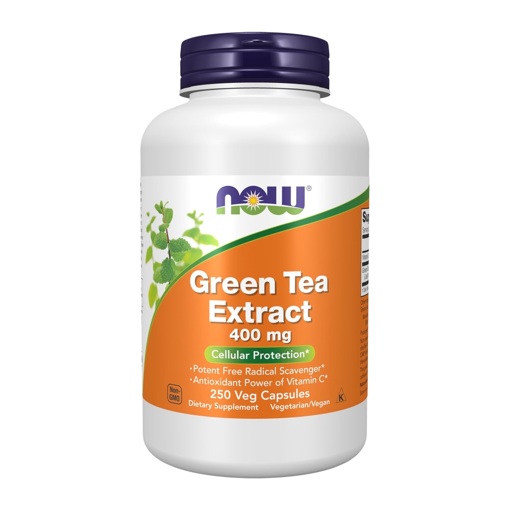 Now Foods Supplements, Green Tea Extract 400 mg com vitamina C para Dietário, Proteção Celular*, 250 Veg Cápsulas