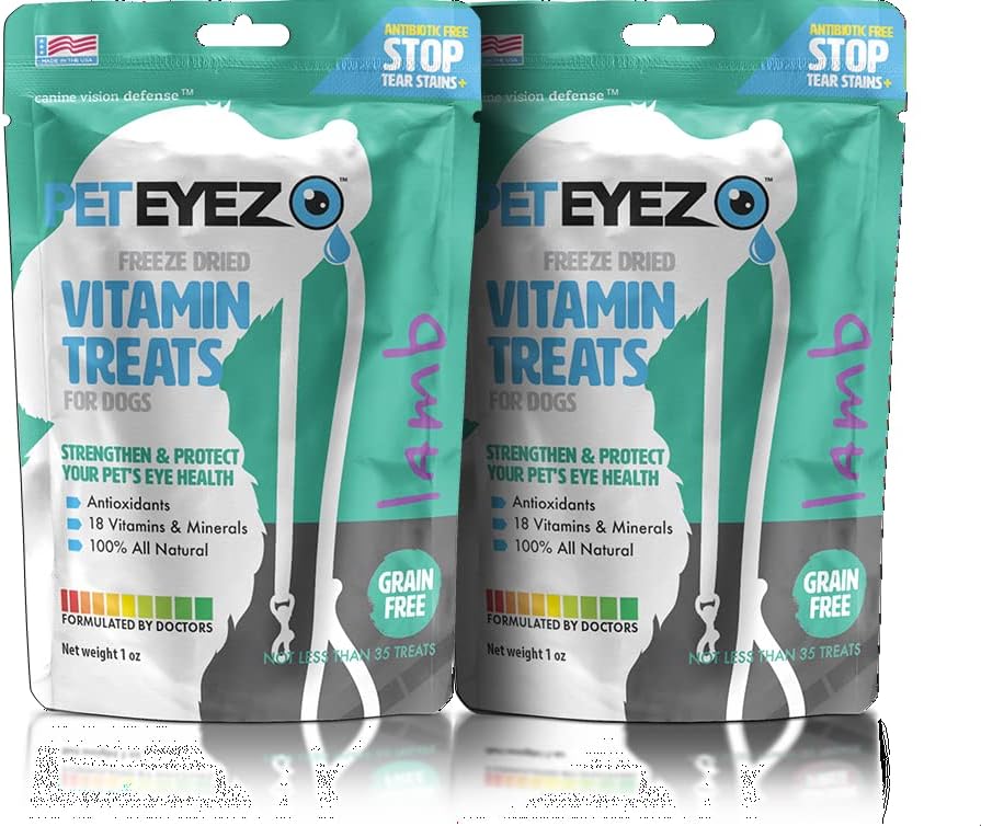 Pet Eyez-Dog Tear Stain Remotor - removedor de manchas para cães - cuidados com os olhos do cão - Dog trata com astaxantina, Blueberry Fruit Powder, Lutein, Grain Free, All-Natural Protein (Lamb-2 Pack)