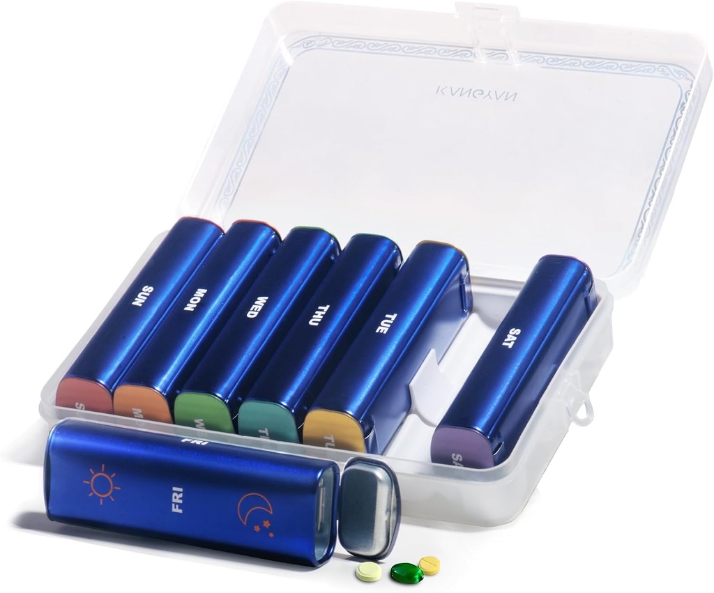 Metal Weekly Pill Organizer 2 vezes por dia, liga de alumínio portátil caixa de pílulas de viagem 7 dias, AM PM Duas vezes diária caixa de pílulas para vitamina, medicina, Suplemento, óleo de peixe