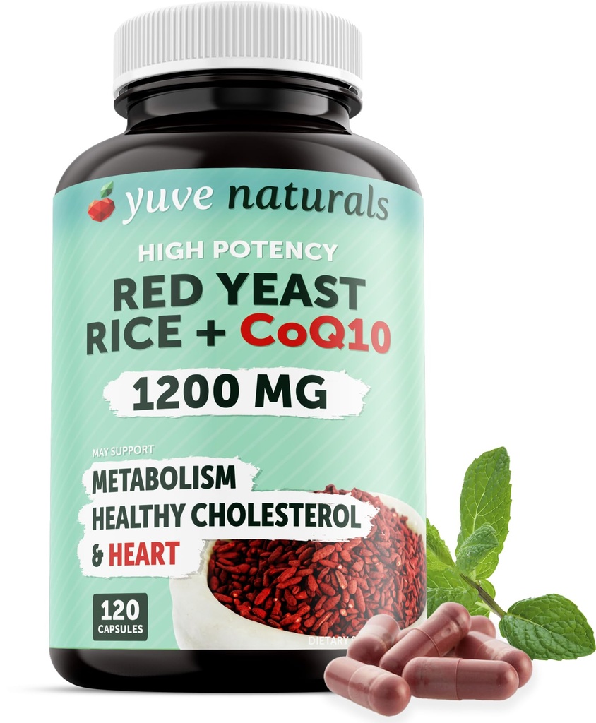100% Natural Red Yeast Rice 1200 mg com CoQ10 100 mg, 2 em 1, manter níveis de colesterol saudável - 120 Cápsulas Veggie
