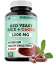 100% Natural Red Yeast Rice 1200 mg com CoQ10 100 mg, 2 em 1, manter níveis de colesterol saudável - 120 Cápsulas Veggie