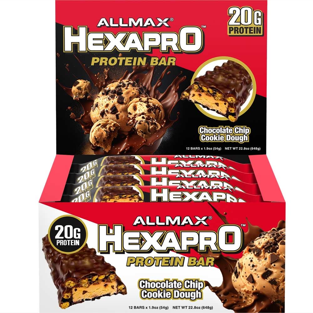 ALLMAX HEXAPRO PROTEIN BAR, Chocolate Chip Cookie Dough - Pacote de 12 - Snack Energia de alta proteína - 20 g de proteína por bar - com soro isolado
